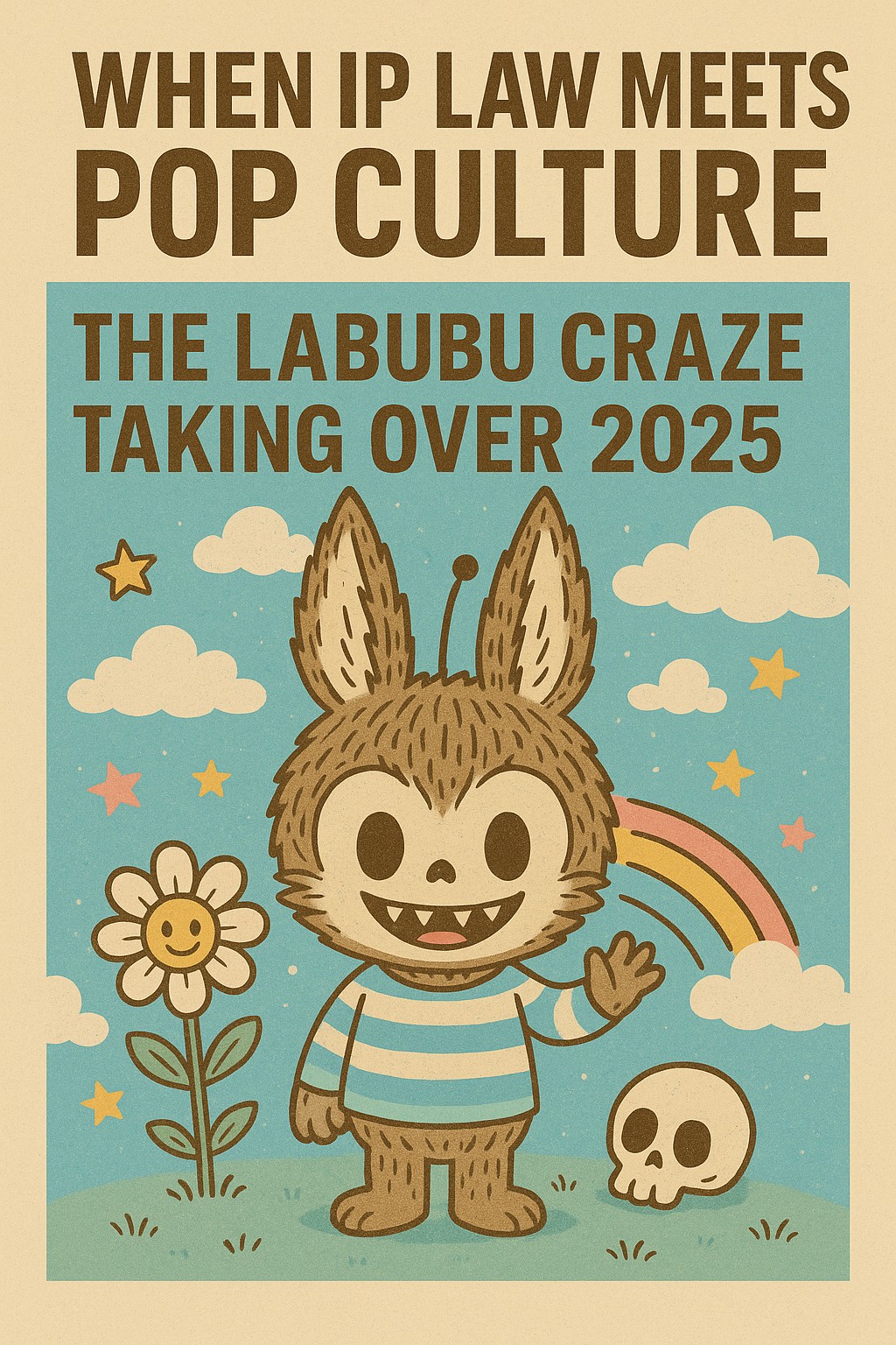 Vintage-style illustration of a whimsical Labubu character waving, with a rainbow, smiling flower, and playful clouds, accompanied by the headline “When IP Law Meets Pop Culture: The Labubu Craze Taking Over 2025.”
